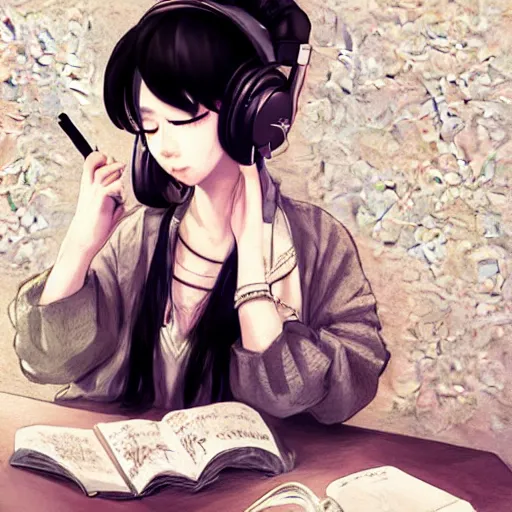 Image similar to lofi hiphop girl studying while listening to music by Wenqing Yan, WLOP, Zumidraws, OlchaS Logan cure liang Xing