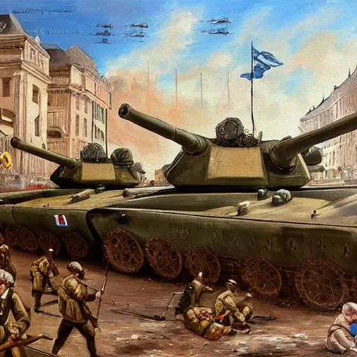 Image similar to army of the european union with tanks fighting on the streets of budapest 2 0 2 2, highly detailed oil painting