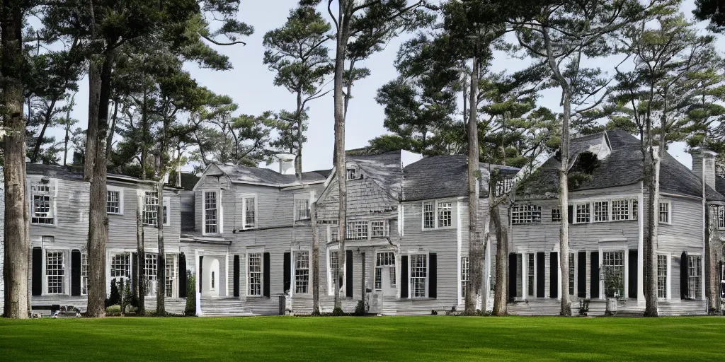 Image similar to grey brick wooden cape cod with pine trees and tile white black mansion by mcalpine house, by jackson & leroy architects