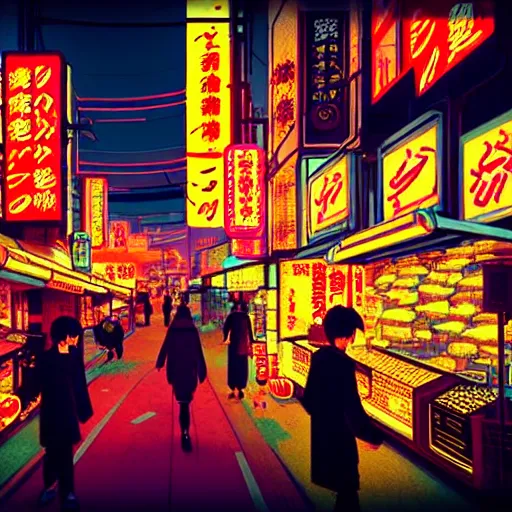 Image similar to japanese market in cyberpunk style with droids, bright neon signs, sunny weather, rendered in octane 4 k, dramatic moody lighting