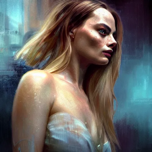 Prompt: margot robbie, hyperrealistic portrait, bladerunner street, art of elysium by jeremy mann and alphonse mucha, fantasy art, photo realistic, dynamic lighting, artstation, poster, volumetric lighting, very detailed face, 4 k, award winning