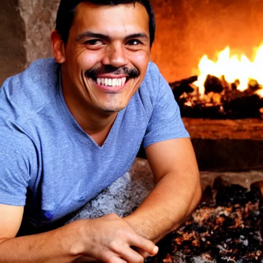 Image similar to photo of pedro sanchez very happy posing in front of a fire