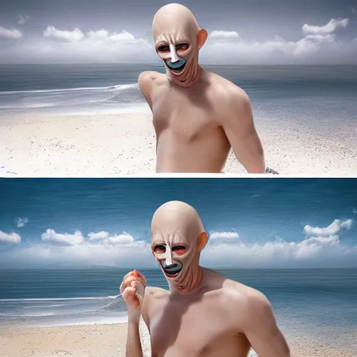 Prompt: nosferatu puting sunscreen on his body on the beach, realistic detailed photography