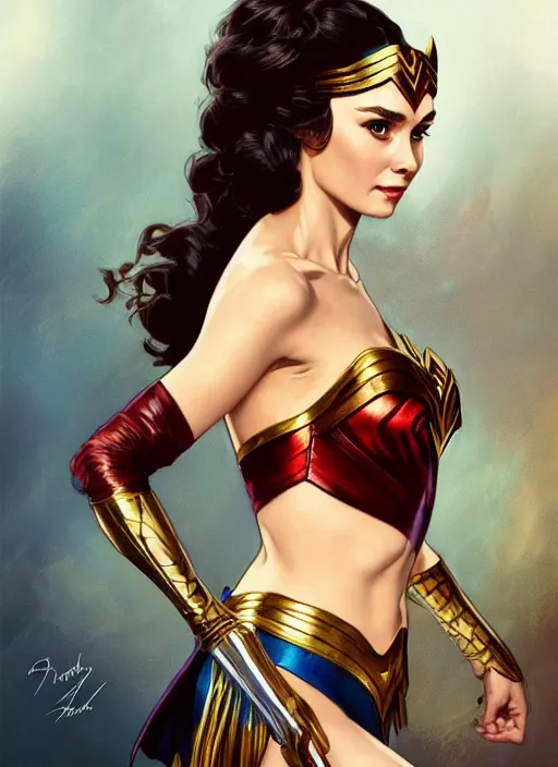 Image similar to Audrey Hepburn as wonder woman, fantasy, intricate, elegant, highly detailed, digital painting, artstation, concept art, smooth, sharp focus, illustration, art by artgerm and greg rutkowski and alphonse mucha