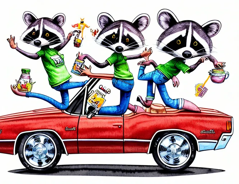 Image similar to cute and funny, racoon riding in a 1 9 6 9 chevrolet impala convertible, ratfink style by ed roth, centered award winning watercolor pen illustration, isometric illustration by chihiro iwasaki, edited by range murata, tiny details by artgerm and watercolor girl, symmetrically isometrically centered