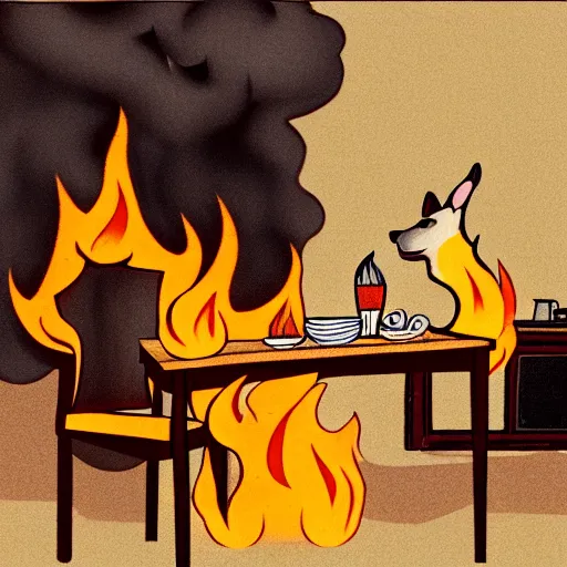 Image similar to a photograph of a room on fire, only remains a wooden table and a chair, an human-like relaxed dog sitting at this table, ☕ on the table, surrounded by flames, a lot of flames behind the dog, smoke under the ceiling