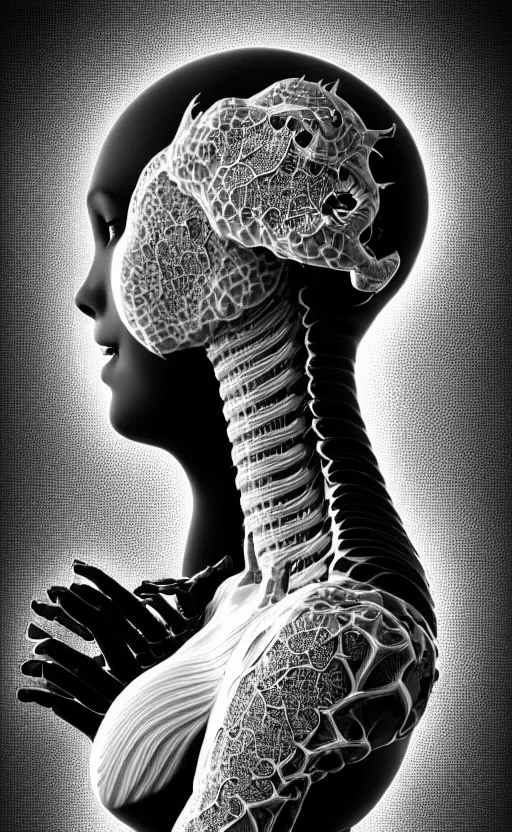 Image similar to a black and white 3D render of a full figure young female angelic-dragon-cyborg with a very long neck, Mandelbrot fractal, anatomical, flesh, facial muscles, veins, arteries, full frame, microscopic, elegant, highly detailed, flesh ornate, elegant, high fashion, rim light, 150 mm lens, octane render in the style of H.R. Giger and Man Ray, Realistic, Refined, Digital Art, Highly Detailed, Cinematic Lighting, rim light, photo-realistic Unreal Engine, 8K