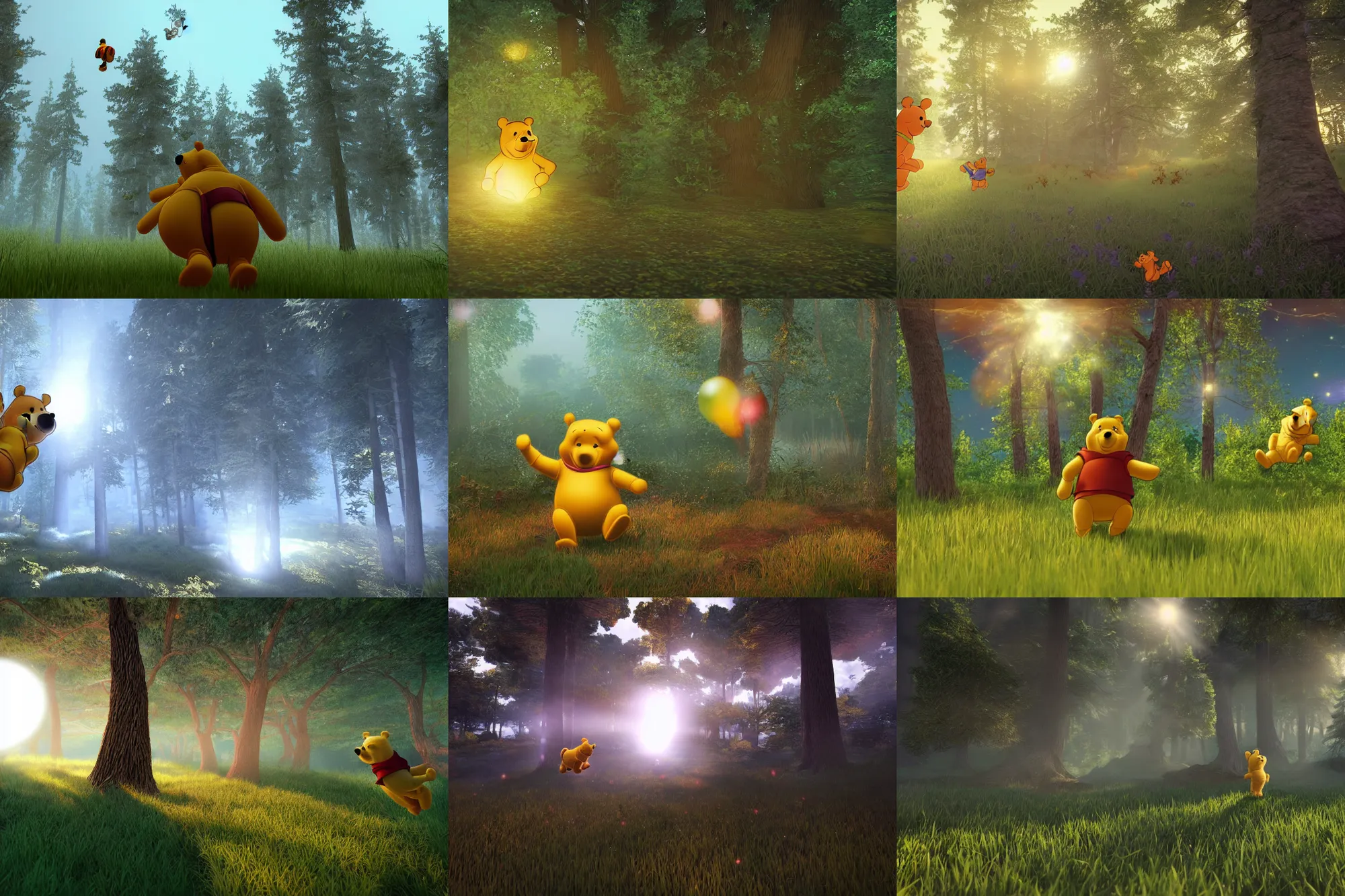 Prompt: winnie the pooh flying inside ufo above forest, unreal engine, volumetric light