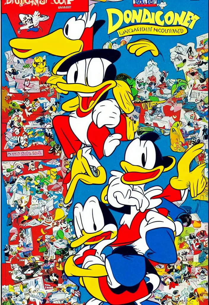 Image similar to donald duck's drug addiction, comic book cover by don rosa