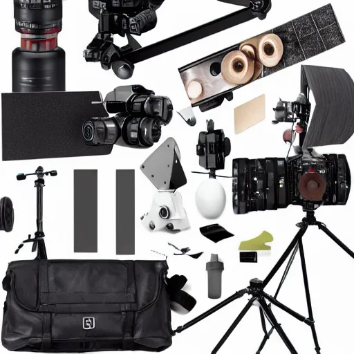 Image similar to flat lay filmmaking equipment, photorealistic, detailed, hyperreal,