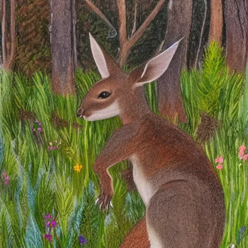 Image similar to detailed illustration, a young kangaroo in the boranup forest in the style of may gibbs,