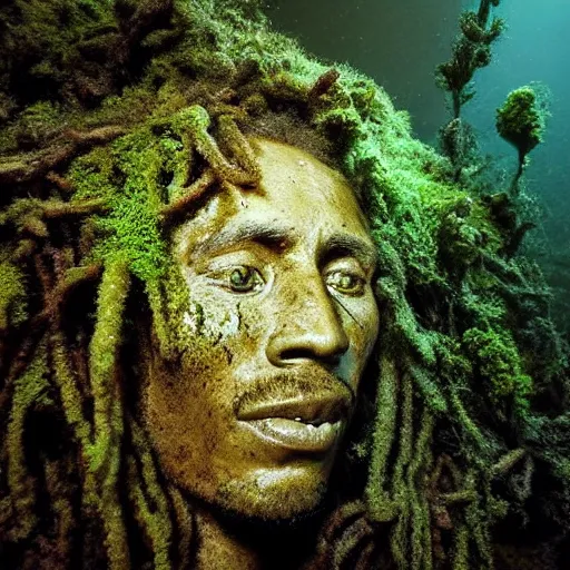 Image similar to Award-winning photograph by Mar Mann. The photo depicts a decaying roman bust of Bob Marley overgrown with moss at the bottom of the sea in the middle of ruins of civilization. Minimalism, high definition, perfect composition. Deep sea picture. Very dark. Volumetric Lighting. Fish. Darkness. Ruins