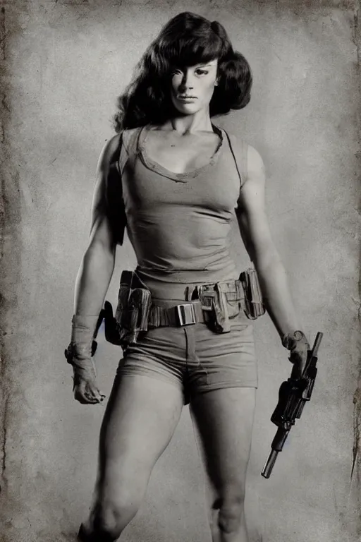 Image similar to lady jaye from g. i. joe, portrait, full body, symmetrical features, silver iodide, 1 8 8 0 photograph, sepia tone, aged paper, sergio leone, master prime lenses, cinematic