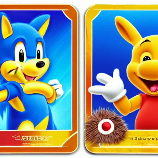 Image similar to photograph of winnie the pooh and super mario and sonic the hedgehog anime style, on pokemon card packs at target