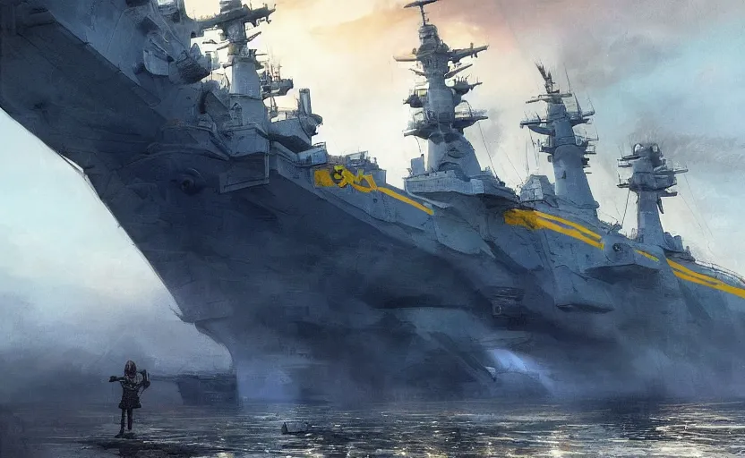 Image similar to front view of a Ukrainian girl in national clothes with blue and yellow stripes in her hair standing against a huge warship ready to fight, concept art, highly detailed, smooth, sharp focus, illustration, art by Greg Rutkowski, trending on Artstation