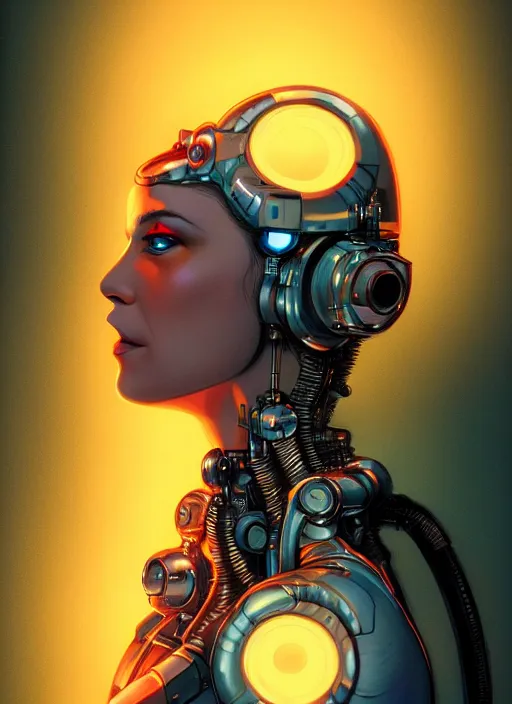 Prompt: portrait of a cyborg humanoid girl with mechanical and electronic element, neon light, illustrated by Michael Whelan, highly detailed, trending on artstation
