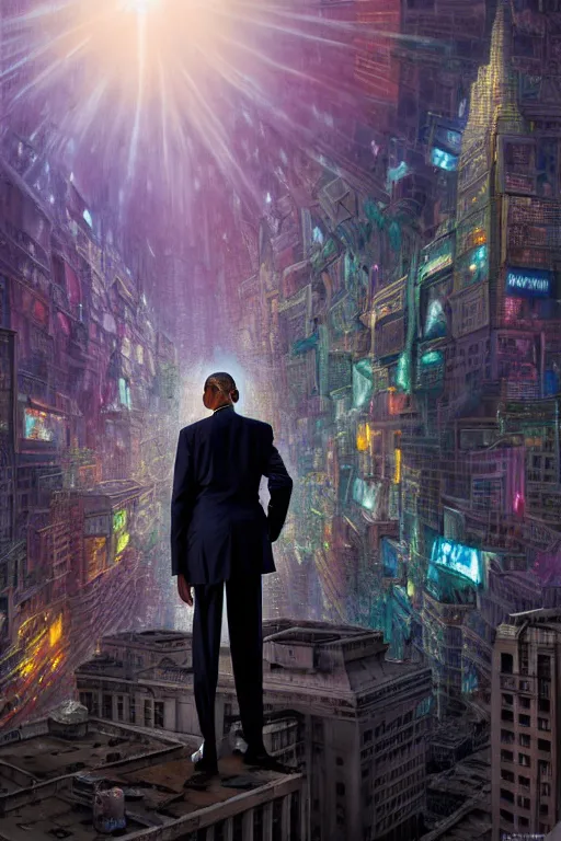 Prompt: hyperrealistic mixed media painting of a giant laughing barack obama, towering over a helpless metropolis, fear + despair, stunning 3d render inspired art by P. Craig Russell and Barry Windsor-Smith + perfect facial symmetry + dim volumetric lighting, 8k octane beautifully detailed render, post-processing, extremely hyperdetailed, intricate, epic composition, grim yet sparkling atmosphere, cinematic lighting + masterpiece, trending on artstation, very very detailed, masterpiece, stunning