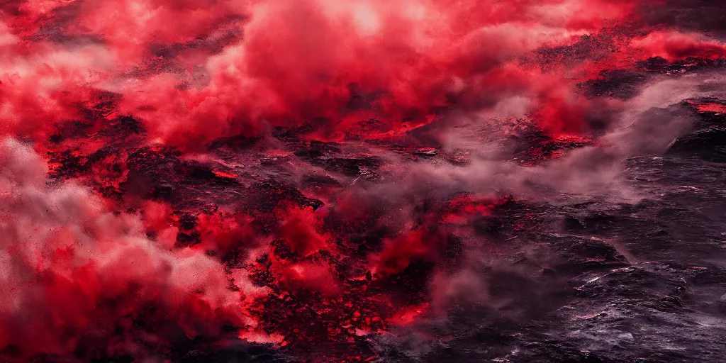 Image similar to a churning, boiling, fiery red sea with lots of smoky black and red steam, fantasy digital art, octane render, beautiful composition, trending on artstation, award-winning photograph, masterpiece