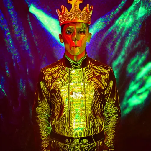 Prompt: a portrait of a beautiful phantom king in a holographic room, photographed by erwing olaf