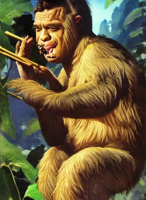 Image similar to ultra realistic portrait painting of a stoner as a sloth smoking a lit joint, art by frank frazetta, 4 k, ultra realistic, highly detailed, epic lighting