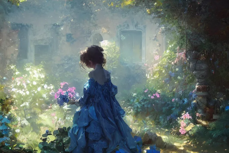 Image similar to a beautiful painting of blue roses garden, girl, by greg rutkowski, trending on artstation