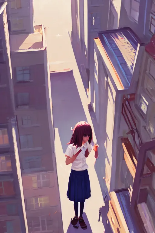 Image similar to gouache of a cute giantess wearing school uniform standing in the city which seem small, bird's eye view, 8 k wallpaper, strong brush stroke, very high detailed, sharp focus, illustration, morandi color scheme, art station, by krenz cushart