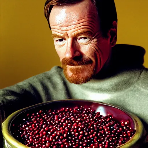 Prompt: tiny bryan cranston's long neck sticking out of a bowl of cranberries, body submerged in cranberries, natural light, sharp, detailed face, magazine, press, photo, steve mccurry, david lazar, canon, nikon, focus