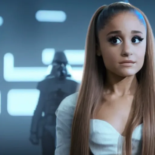 Prompt: a still of Ariana Grande in a stars wars film