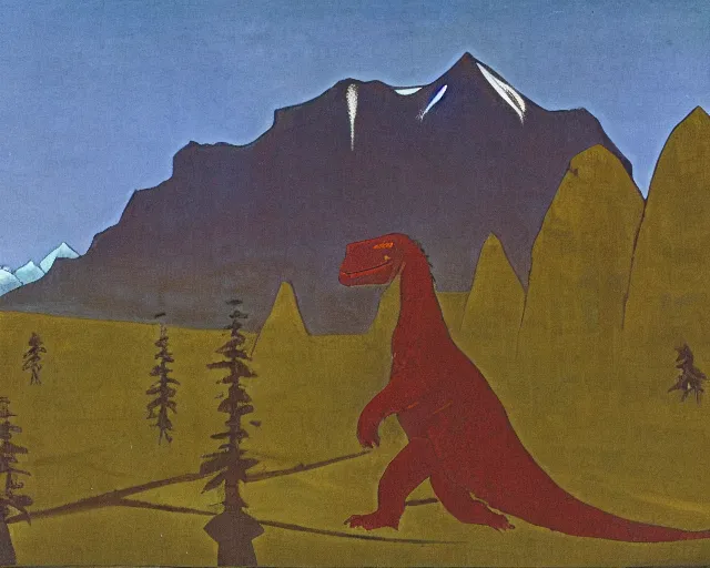 Image similar to ancient godzilla standing in front of altai forest, painting by roerich