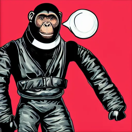 Image similar to “ portrait of a genetically modified chimp in a 1 9 5 0's space suit and leather jacket. he can project a bubble of oxygen that covers his head. he is flying through open space into a portal to another dimension. in the style of frank miller. ”