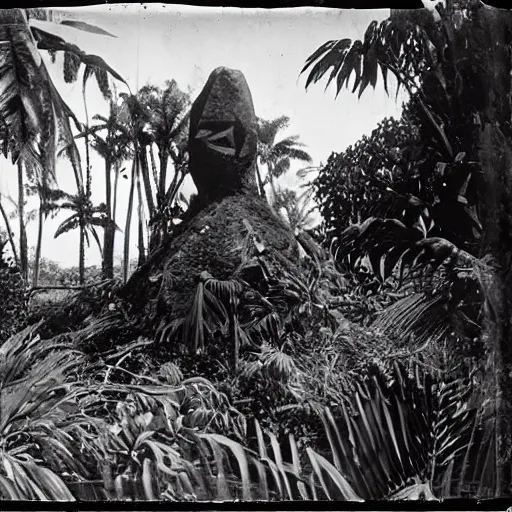 Image similar to a rizom lost film footage of a sacred ( ( ( ( ( ( ( indigenous ) ) ) ) ) ) ) artifact in the middle of the ( ( ( ( ( ( ( ( ( ( tropical jungle ) ) ) ) ) ) ) ) ) ) / ethnographic object / film still / cinematic / enhanced / 1 9 0 0 s / black and white / grain