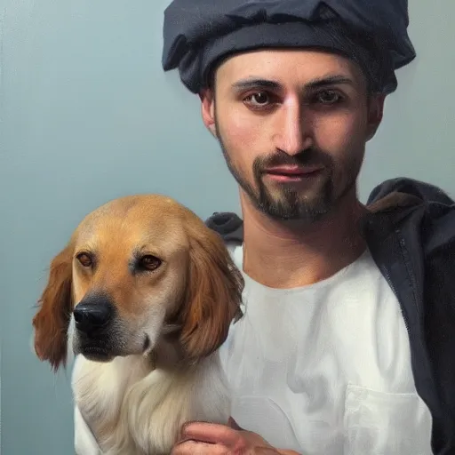 Image similar to full-length Slavic man with the head of a dog, oil painting, hyperrealism, beautiful, high resolution, trending on artstation,