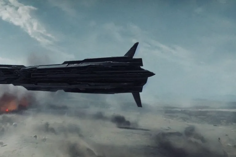 Image similar to VFX movie of a futuristic spaceship taking off in war zone, natural lighting by Emmanuel Lubezki