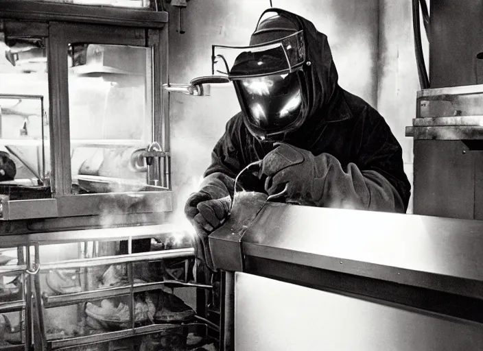 Image similar to welder in welding mask in a cheese shop, by richard avedon, tri - x pan stock