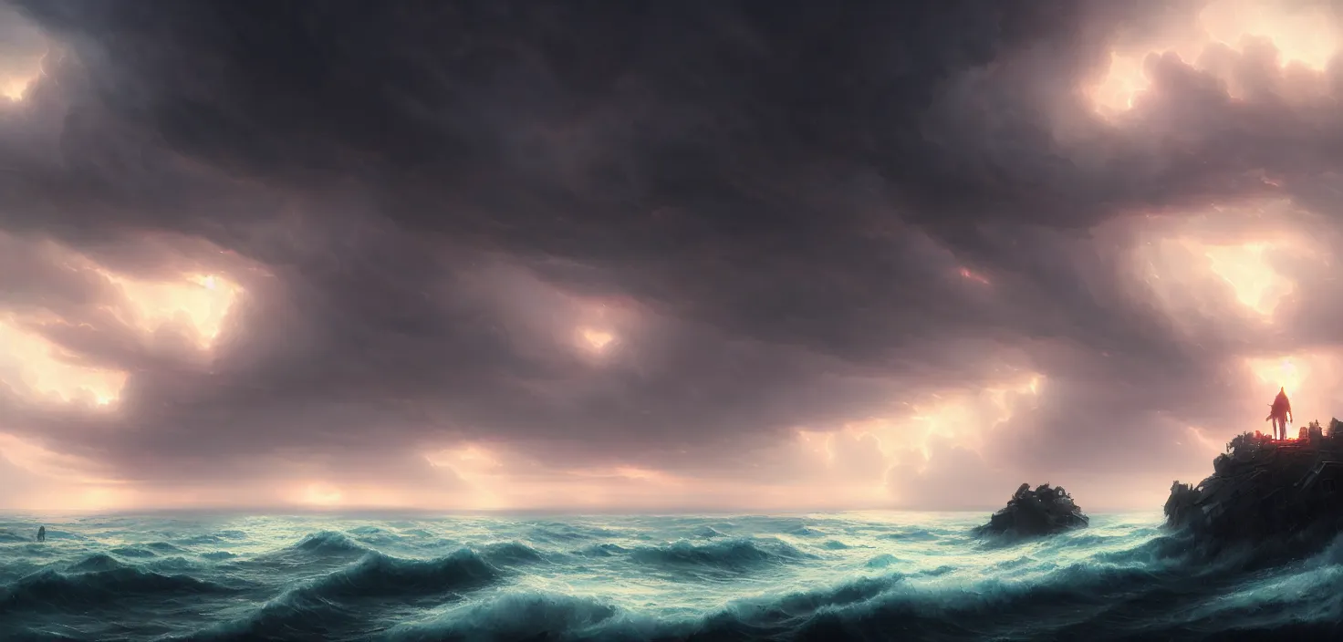 Prompt: storm at sea, detailed, concept art, high detail, warm lighting, volumetric, godrays, vivid, beautiful, trending on artstation, by jordan grimmer, huge scene, grass, art greg rutkowski