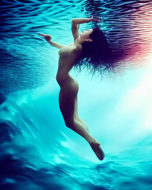 Image similar to photo of beautiful woman underwater during sunrise, flowing fabric, sunrays, elegant, caustics, rippling water, photoshoot, haunting, iconic, masterpiece, sharp focus, art by trending on artstation