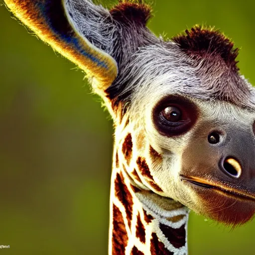 Image similar to happy sloth giraffe hybrid, bold natural colors, national geographic photography, masterpiece, full shot