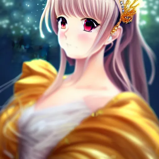 Image similar to portrait of an anime princess in white and golden clothes , digital painting , artstation , gorgeous , cute , beautiful , elegant , devian art , 4k , HD