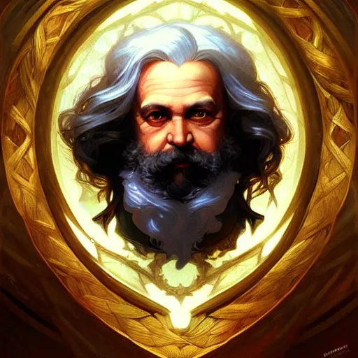 Image similar to half elf Karl Marx, fantasy, intricate, elegant, highly detailed, digital painting, artstation, concept art, smooth, sharp focus, illustration, art by artgerm and greg rutkowski and alphonse mucha