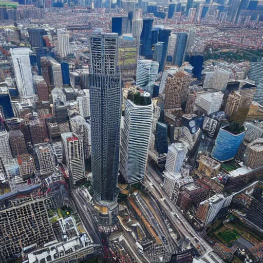 Prompt: marquess brownlee walking skyline between twin towers aerial shot cloudy day