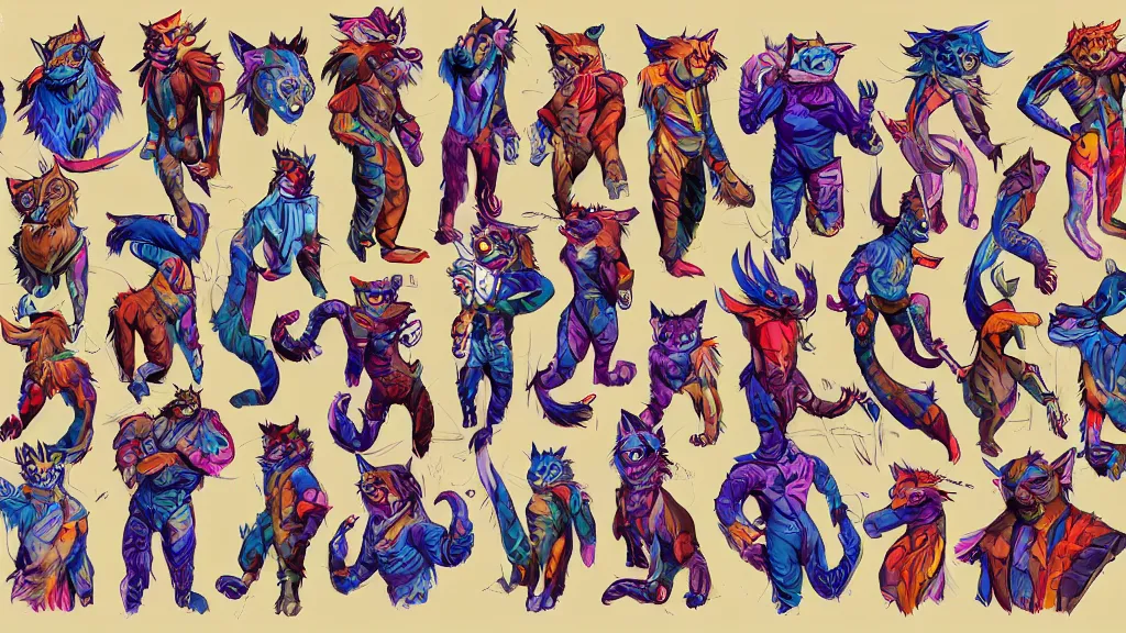 Image similar to colorful and vivid character sheet for a handsome muscular masculine lynx - man space - pirate with head of lynx, long tail, furry fandom, swashbuckling and romantic, retrofuture, high contrast, realistic, coherent, illustration, digital art, trending on artstation, hd, 8 k, good lighting, beautiful, rough paper, masterpiece