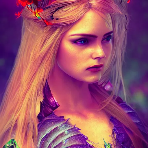 Image similar to a beautiful female human warlock portrait, focus on face, sharply focussed, brightly colored, dress, long blonde hair, fairy, fae, fantasy, medieval, still, photograph, highly detailed, trending on artstation