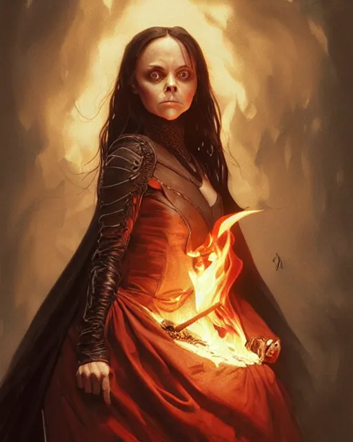 Prompt: Christina Ricci from Sleepy Hollow (1999) casting a fire spell, D&D, fantasy, intricate, elegant, highly detailed, digital painting, artstation, concept art, matte, sharp focus, illustration, hearthstone, art by Artgerm and Greg Rutkowski and Alphonse Mucha