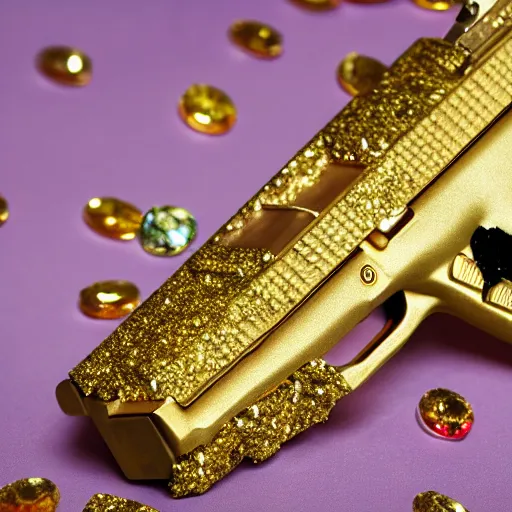 Image similar to a medium shot photograph of a gold glock 18 encrusted with gemstones against a silk background