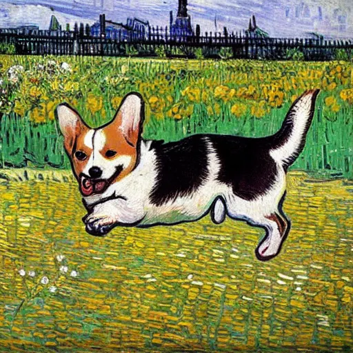 Prompt: a corgi jumping through a field of flowers by van Gogh