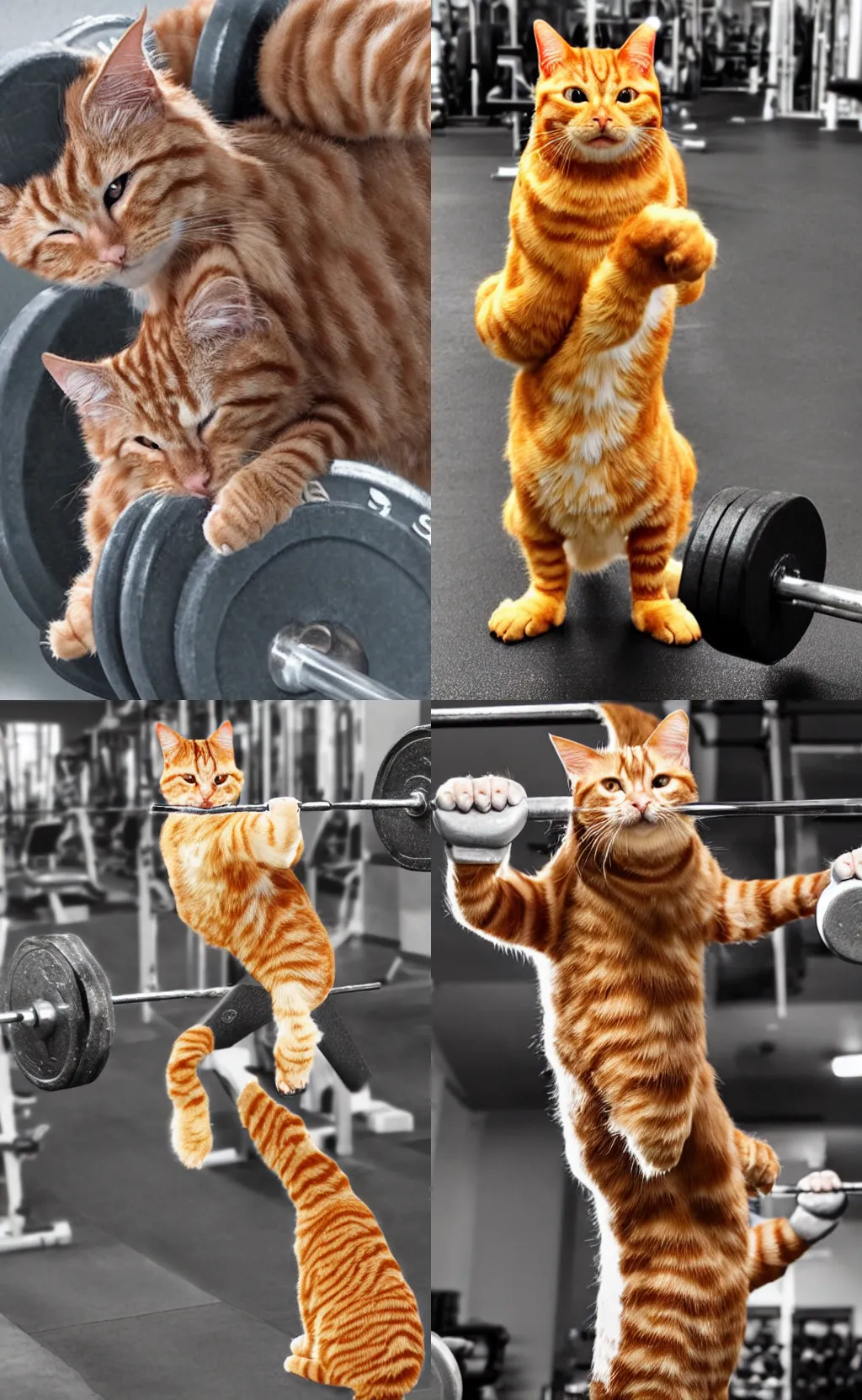 Prompt: a SWOL ginger cat at the gym lifting weights, photorealistic,