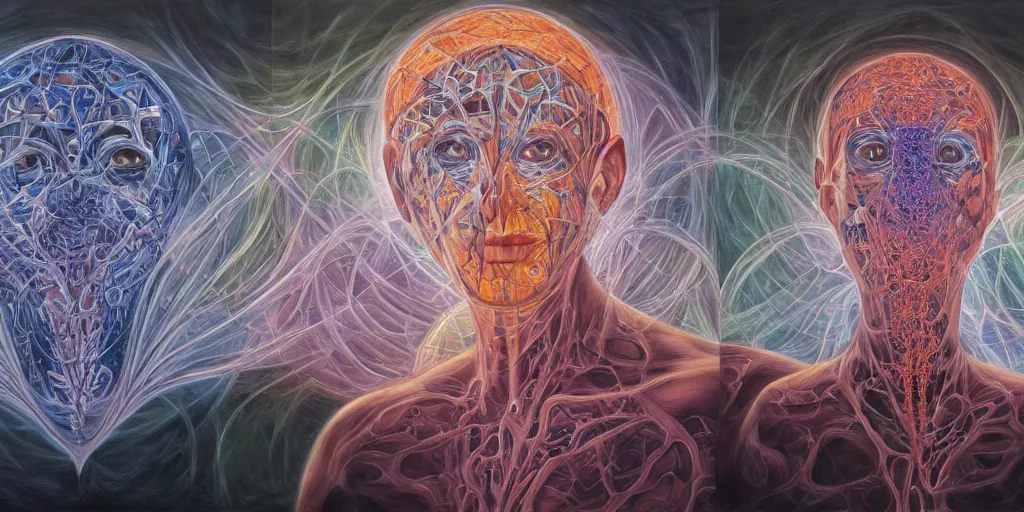 Image similar to mortal contemplations is a vision based on a meditative moment of self - reflection on the condition of being subject to death, inspired by the pandemic's forced collective confrontation of mortality on a global scale, volumetric lighting and shadows, concept art, biomechanical, realistic oil painting by alex grey