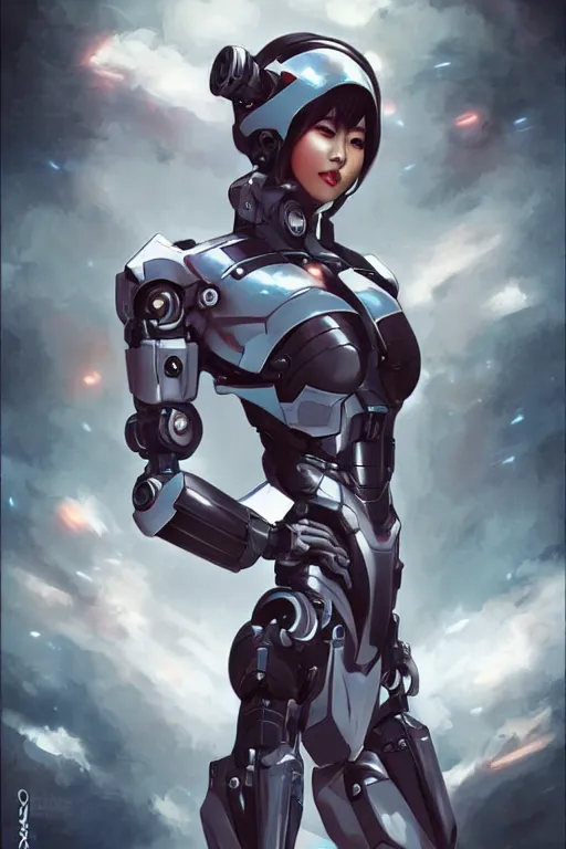 Image similar to a young attractive Asian woman inside a mecha, in the style of Artgerm and Tom Bagshaw