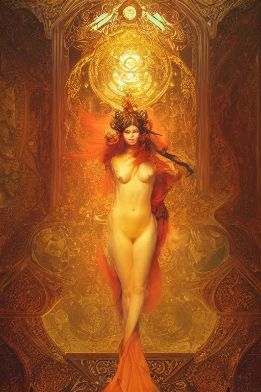 Prompt: tarot card artstation, portrait of an irish love dancer, sunrise, baroque ornamnet and rococo ornament, ancient chinese ornate, hyperdetailed, beautiful lighting, craig mullins, mucha, klimt, yoshitaka amano, red and gold and orange color palatte