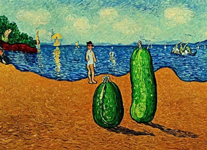 Prompt: a beautiful painting of a funky cucumber smoking a joint on the beach with friends, masterpiece by Van Gough
